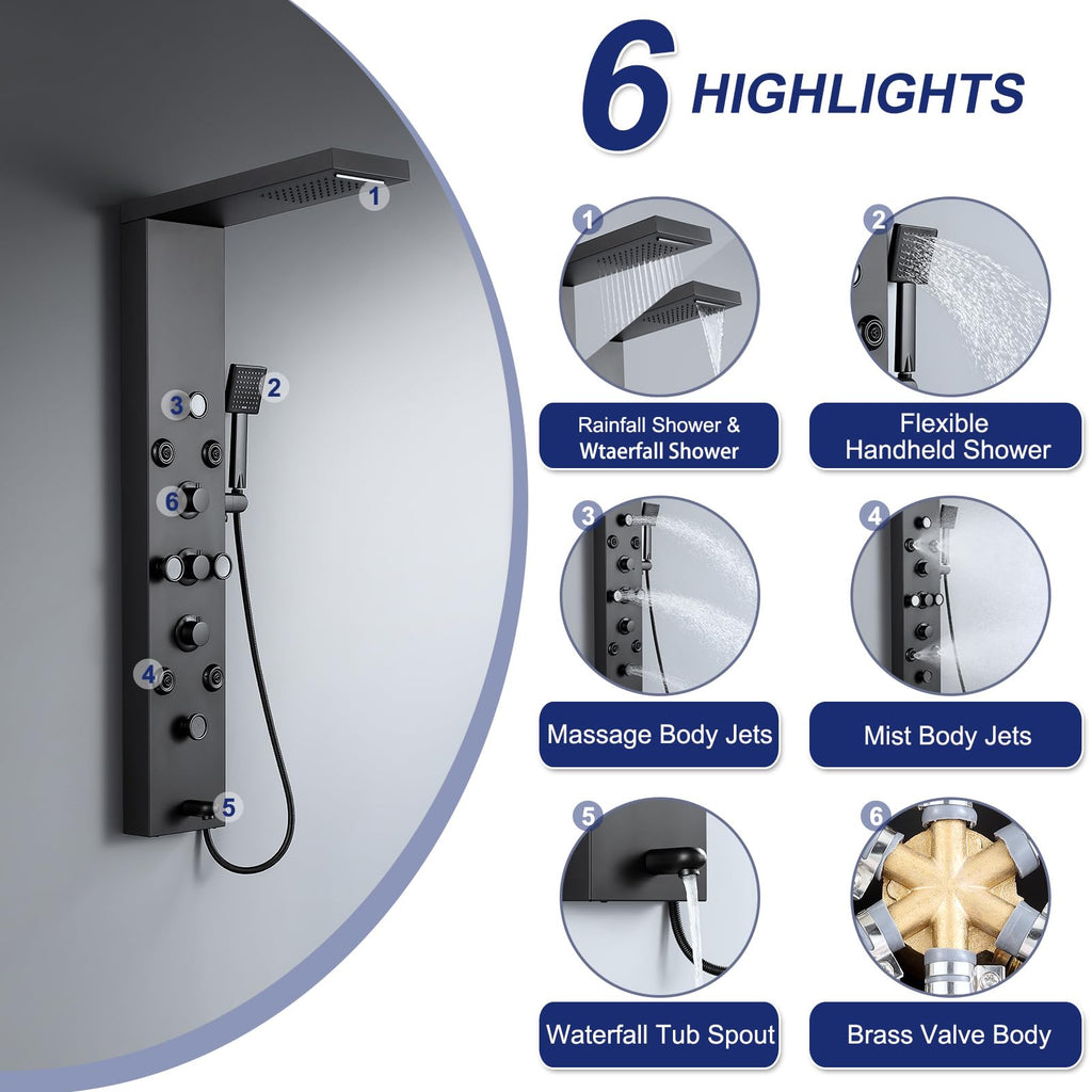 6 in 1 Rainfall Waterfall Shower Panel Tower System Matte Black