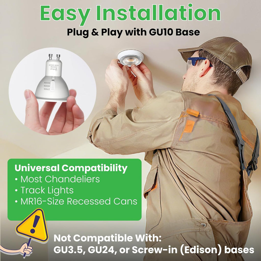 GU10 LED Bulbs 3CCT 2700K/4000K/6000K, GU10 MR16 LED Bulb 6W Equivalent 50W 550 Lumens 38°Spotlight, Non-Dimmable