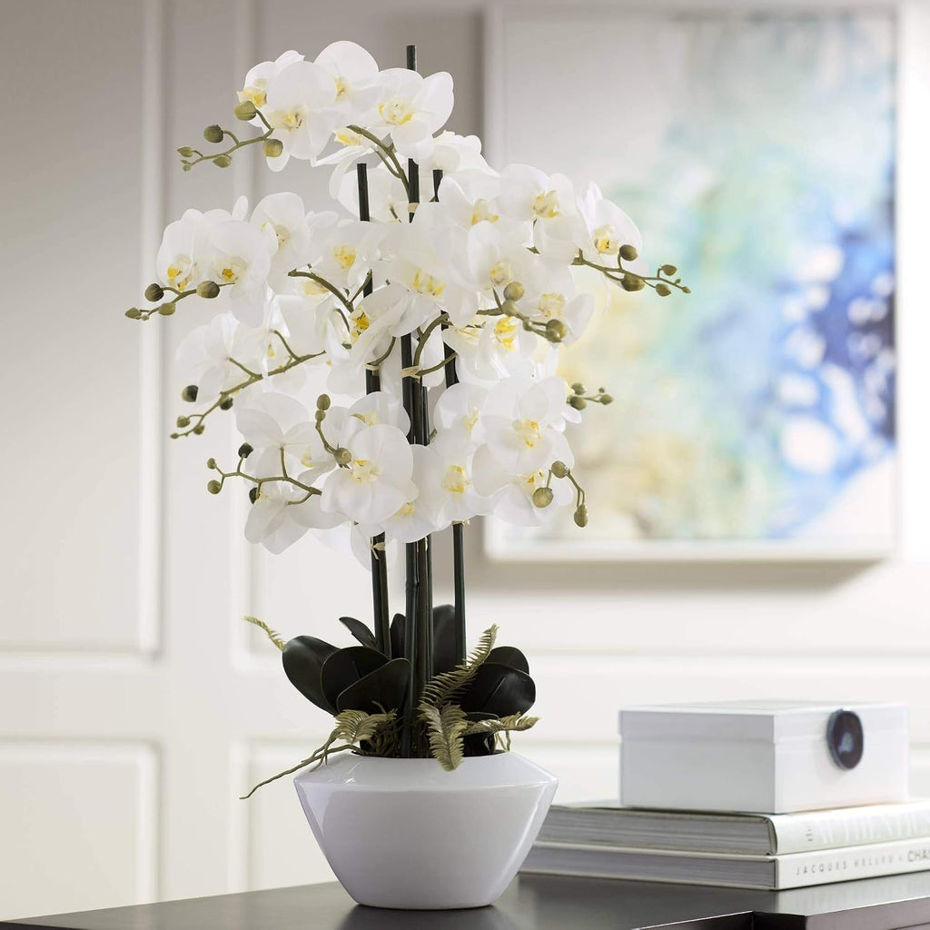Potted Faux Artificial Flowers Arrangements Realistic White Phalaenopsis Orchid in White Ceramic Pot Decoration