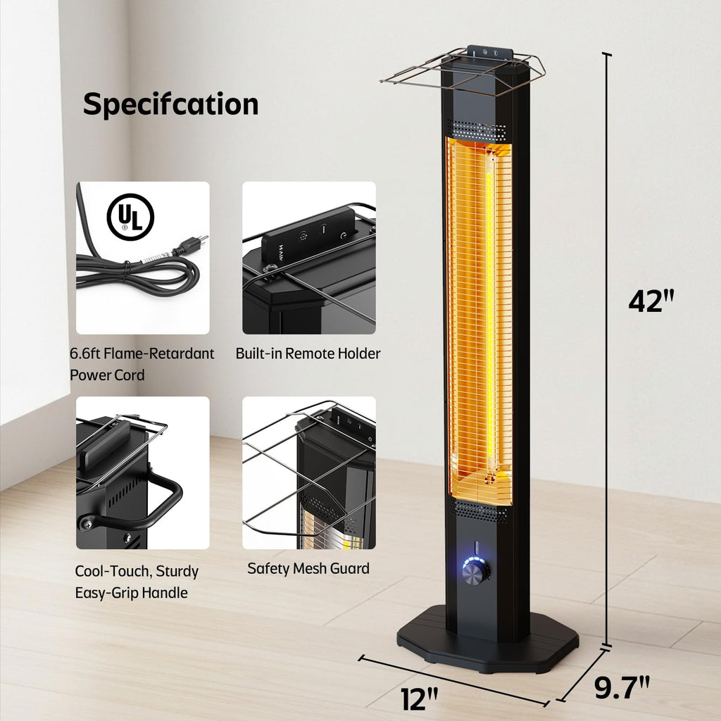 Outdoor Electric Patio Heater, 42-inch 1500W Infrared Tower Heater with 9 Heat Settings & 9H Timer, IPX5 Waterproof