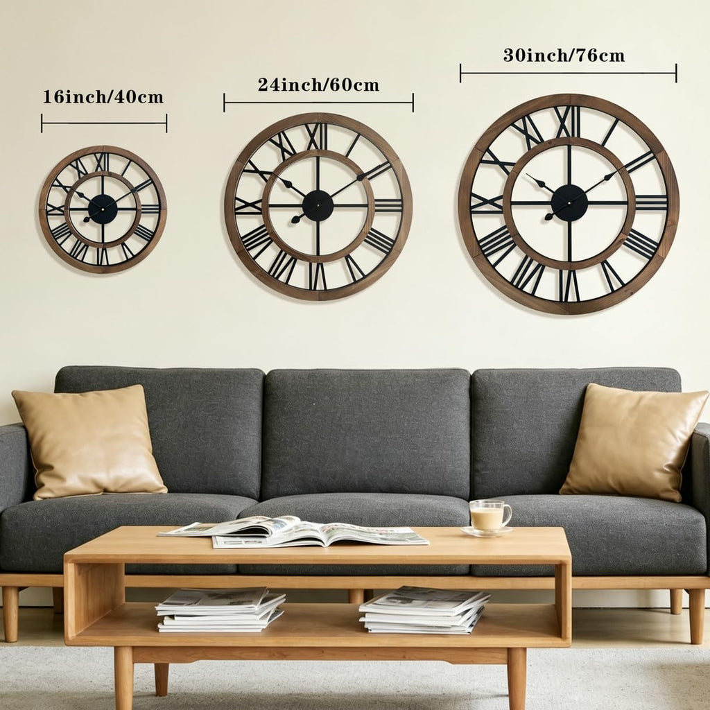 30 Inch Oversized Rustic Wall Clock Silent Non-Ticking Wooden Wall Clocks with Roman Numerals Farmhouse Decorative