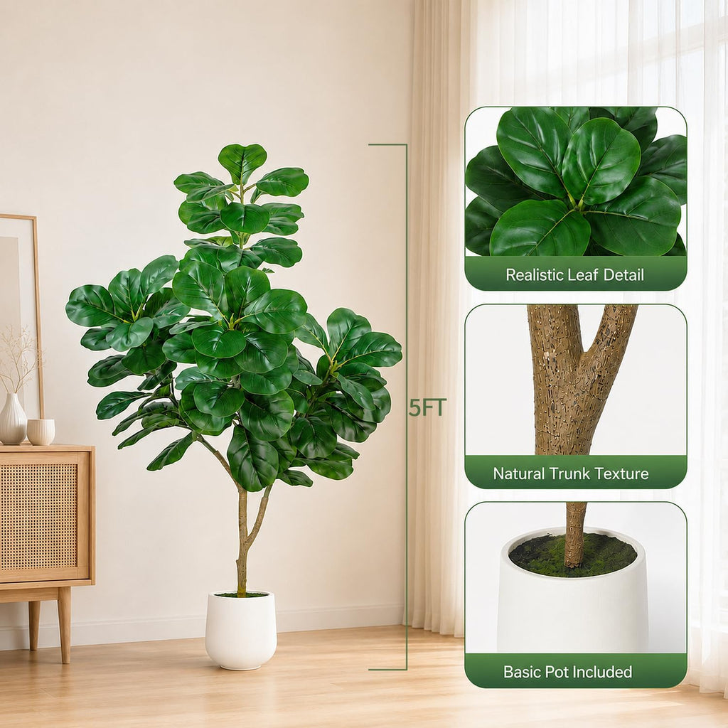 Artificial Fiddle Leaf Fig Tree, 5ft Realistic Fake Plants Faux Trees with White Planter, Artificial Plants Indoor