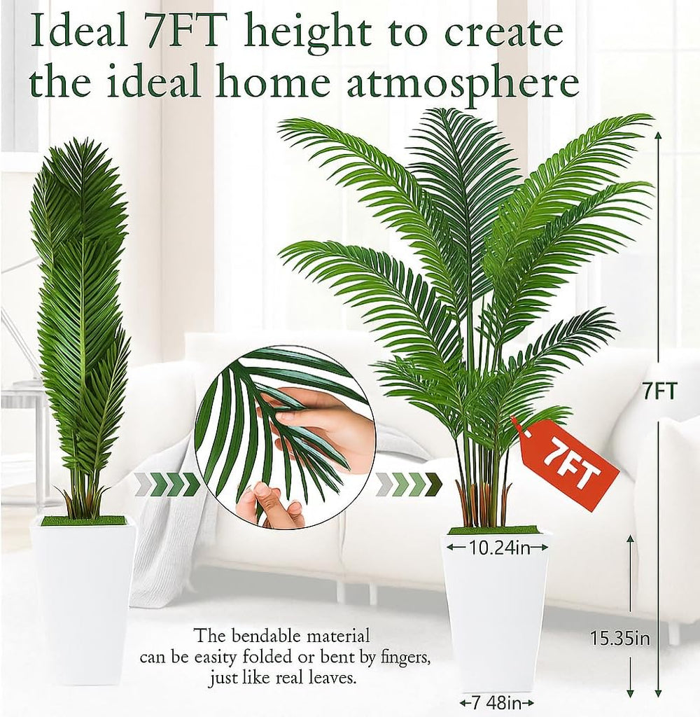 7FT Artificial Palm Tree, Tall Artificial Tree Plants with Fake Plants, Large Faux Plants Indoor with Lifelike Leaves