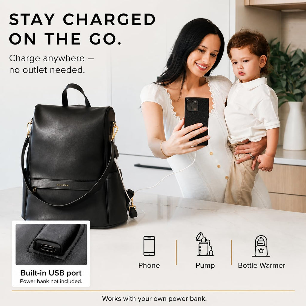 Leather Diaper Bag Backpack with USB Charging port, Changing Pad, Stroller Straps (Black Mia)