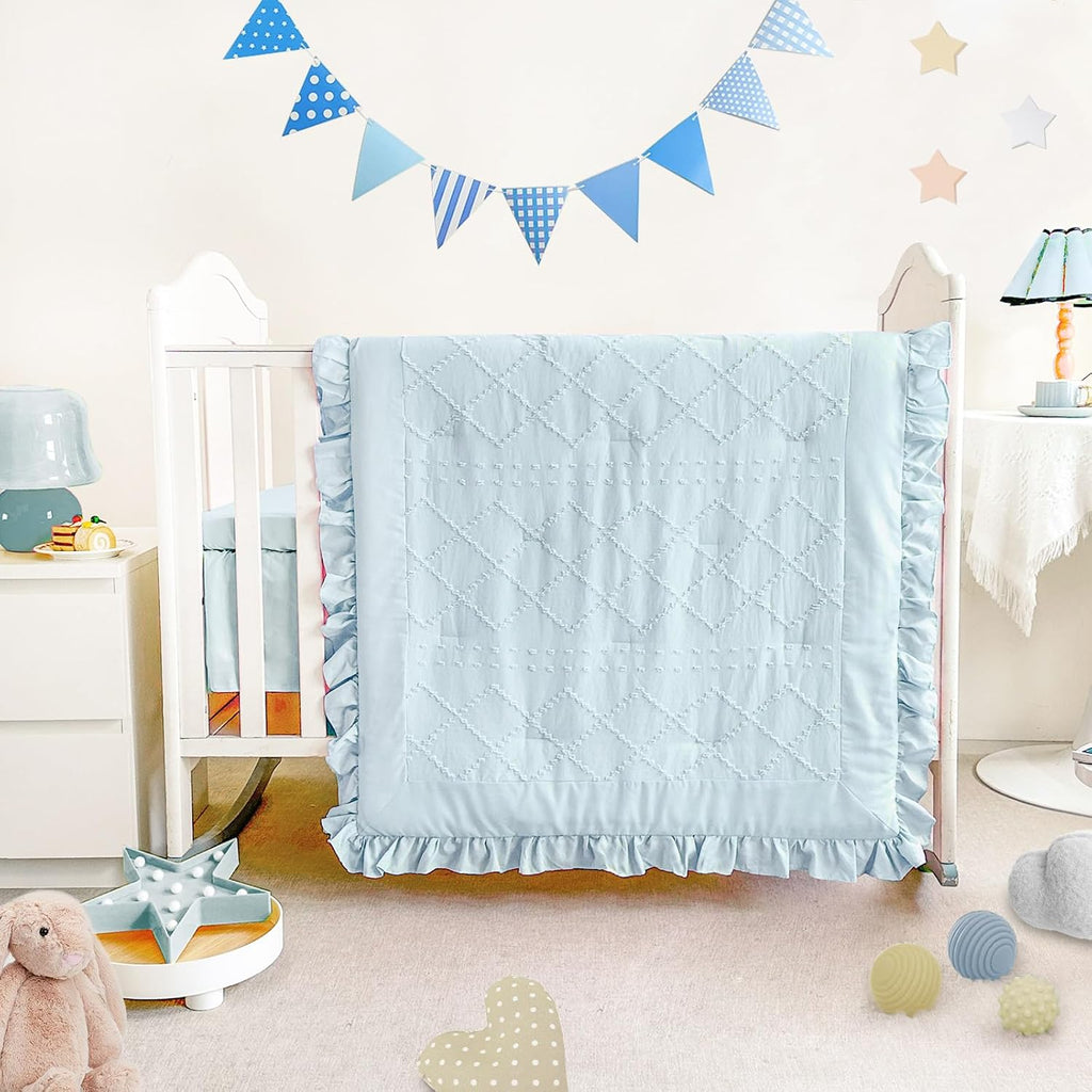 Crib Bedding Set for Girls, 3 Piece Boho Crib Comforter Set Ruffle, Baby Boy Crib Bedding Set Nursery Blanket Set