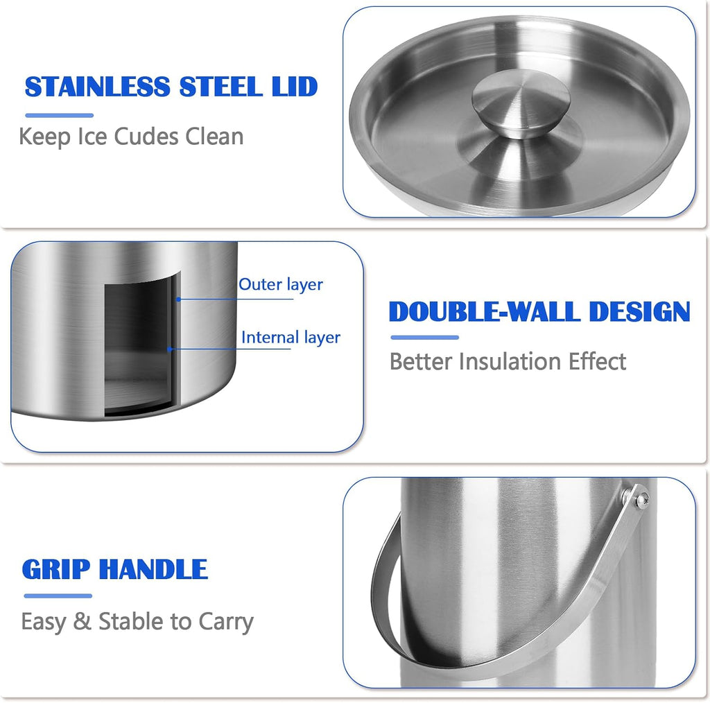 Ice Bucket with Lid & Tong- Well Made Insulated Stainless Steel Keep Ice Frozen Longer