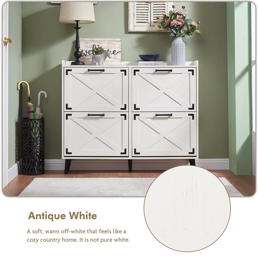 Shoe Storage Cabinet, Farmhouse Shoe Organizer with 4 Flip Drawers & Barn Door Design, Freestanding Hidden Slim Narrow