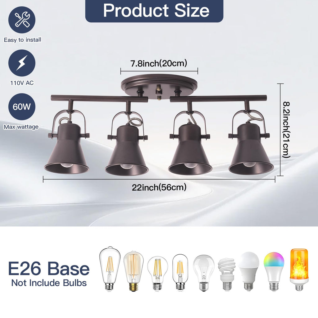 Brown Track Lighting Fixtures Ceiling, Directional Ceiling Spotlight with 4 Rotatable Heads, Modern