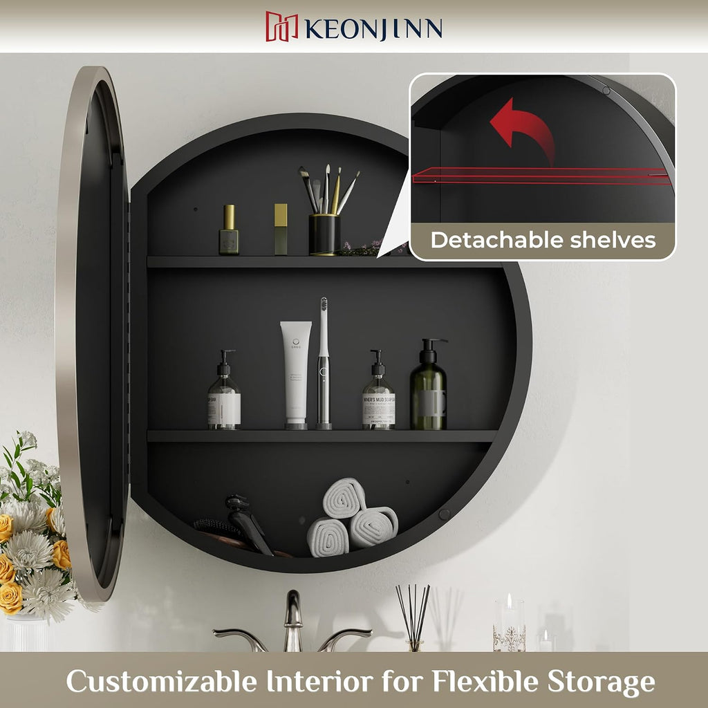 20 Inch Round Medicine Cabinet with Mirror, Brushed Nickel Surface Mount Medicine Cabinet , Framed Circular Bathroom