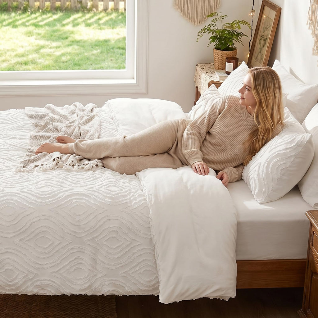 7 Pieces White Comforter Set for All Seasons Tufted Boho Bedding Set Farmhouse Bed in A Bag as Gifts (1