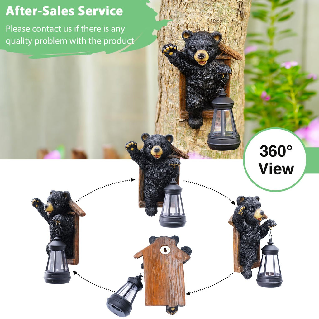 Black Bear Tree Hugger with Solar Lantern - Garden Statue for Yard
