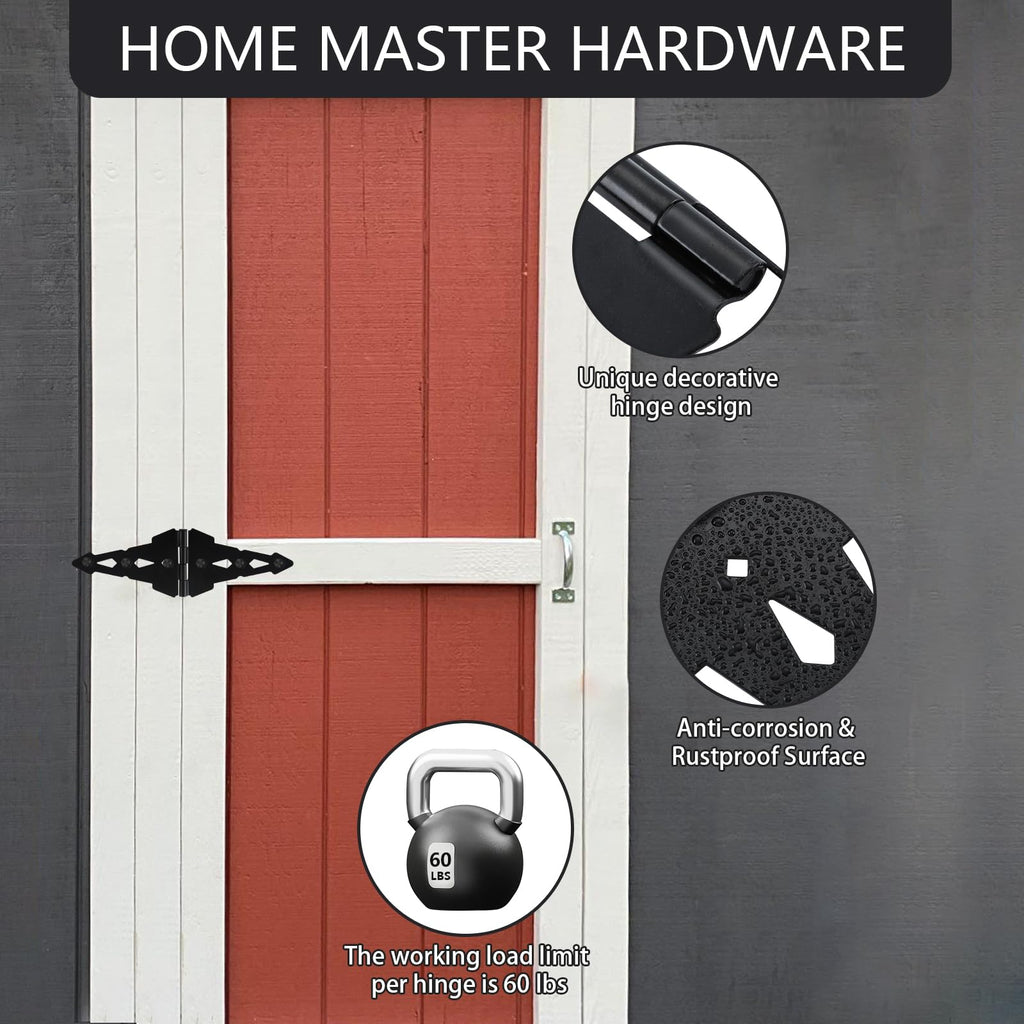 Fence Gate Hardware Kit, 8" Heavy Duty Strap Hinges and Spring Latch, Black