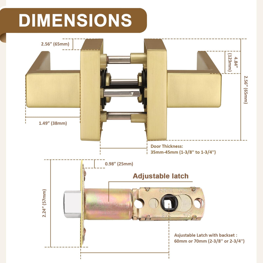 2 Pack Heavy Duty Gold Passage Door Handle,Square Satin Brass Door Lever and Closet, Keyless Reversible No-Locking