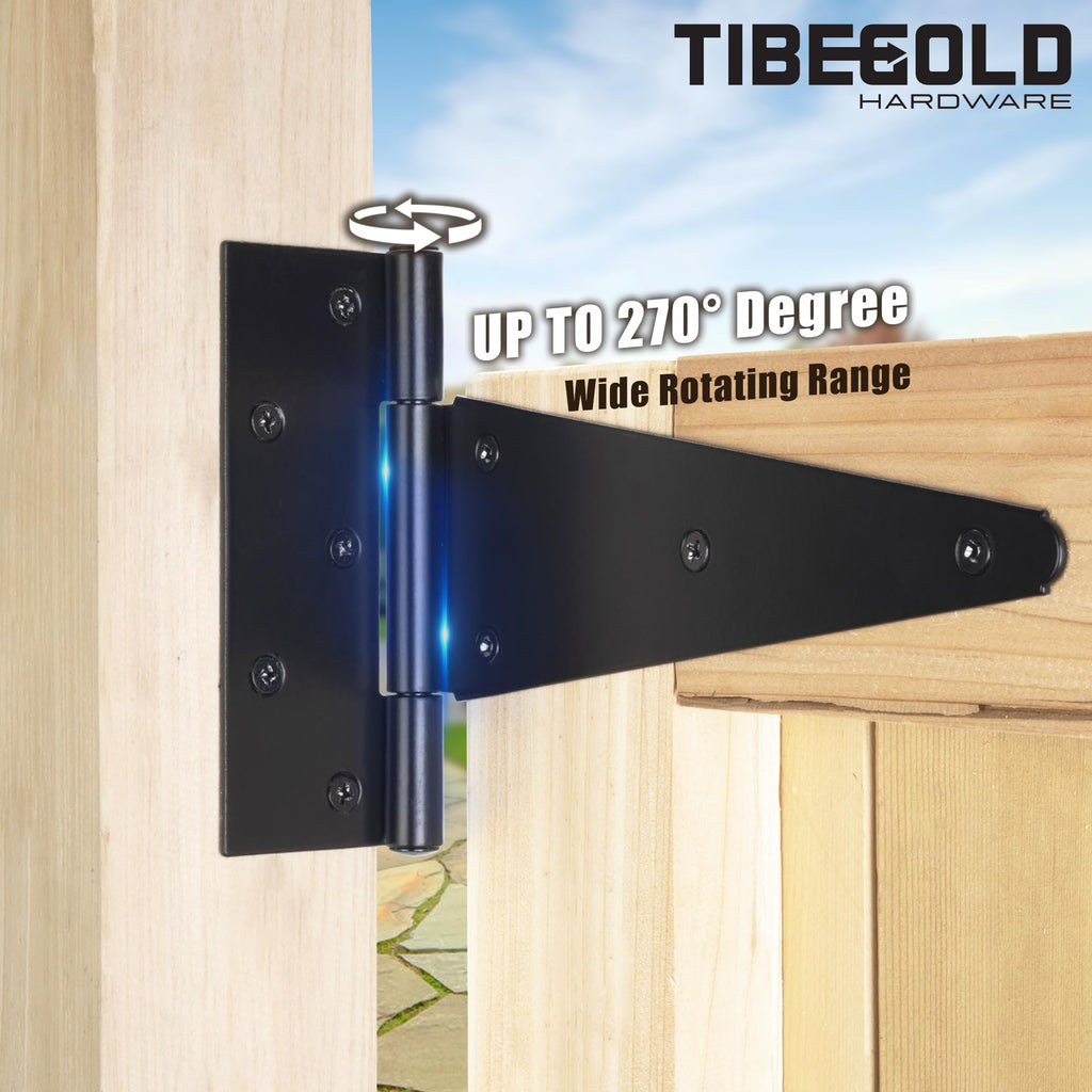 12 Inch T-Strap Gate Hinges, Heavy Duty Shed Door Hinges, Black Tee Hinges for Wooden Fences, Yard Gates, Rustproof