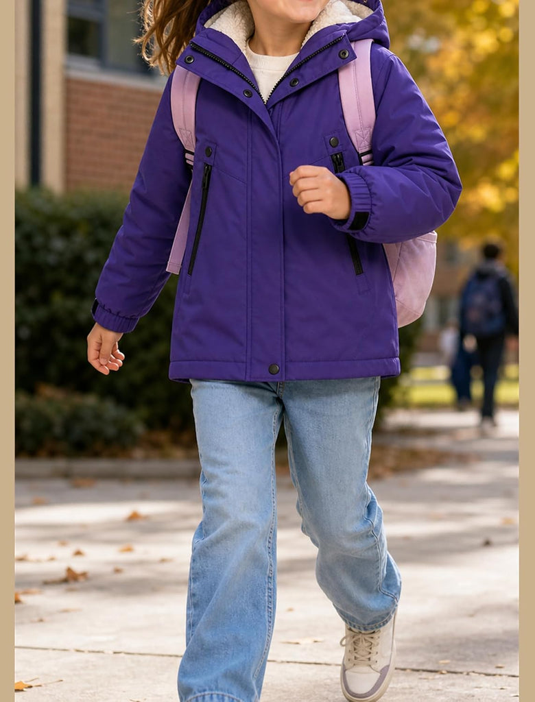 Kids Fleece-Lined Winter Coat Boys Girls Water-Resistant Jacket