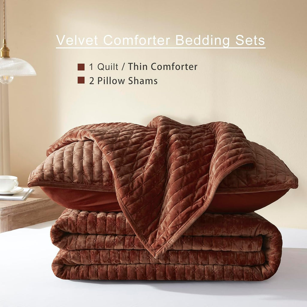 Velvet Quilt King 98''x106'', Lightweight Burnt Orange Velvet Comforter Set with 2 Matching Shams, Soft Cross Stitch