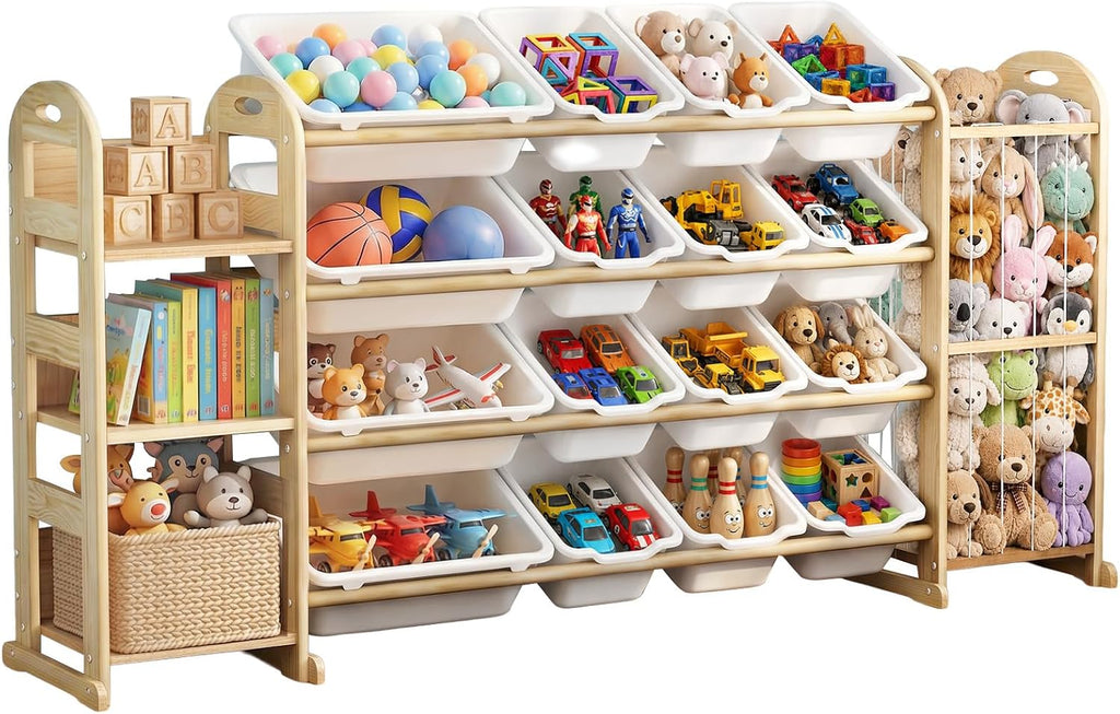 Large Toy Storage Organizer with 16 Bins, 3-Shelf Bookshelf, White | Toy Organizers with Stuffed Animal Storage