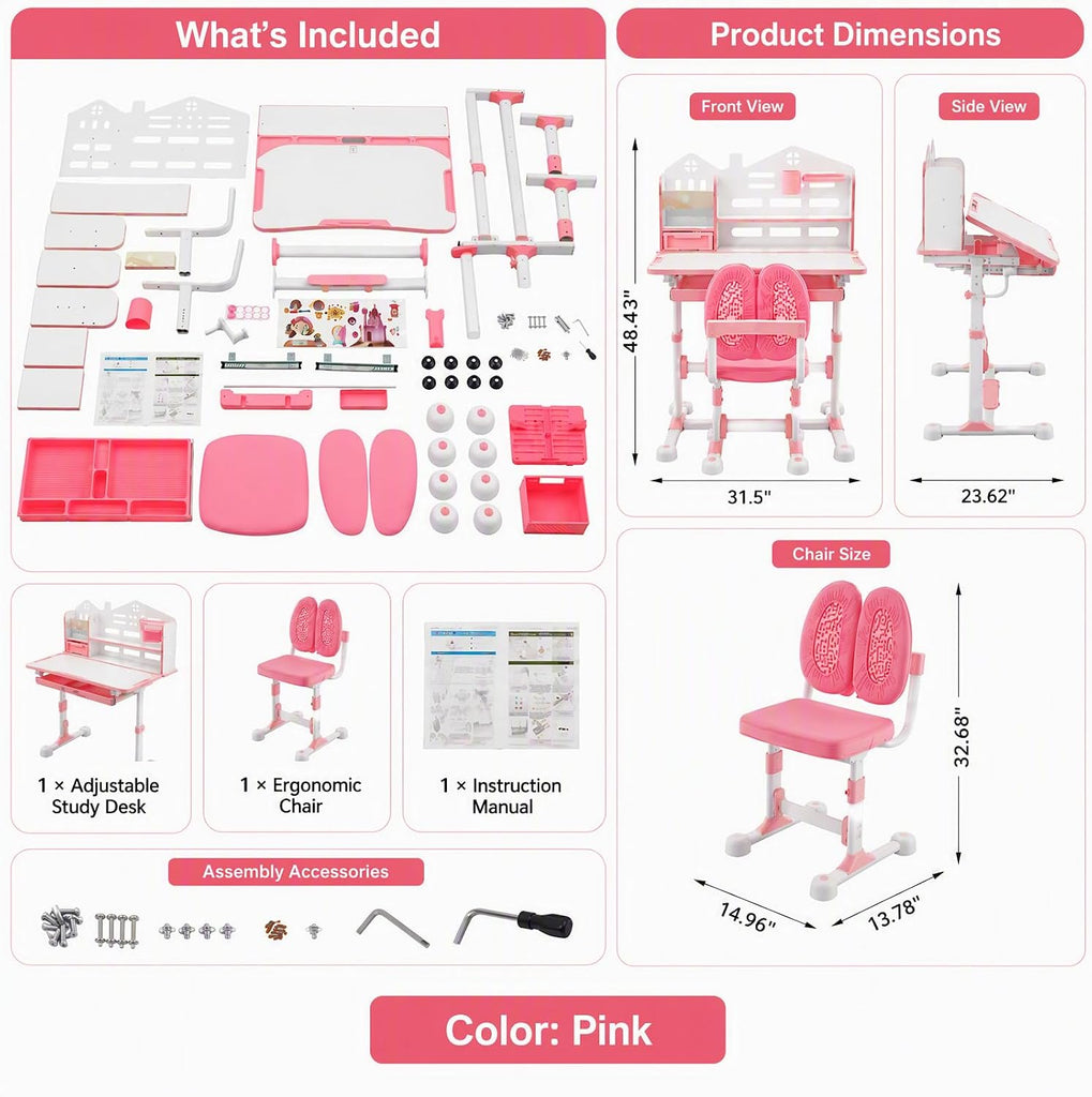Kids Study Desk and Chair Set with Drawers, Adjustable Height Desk,Pink