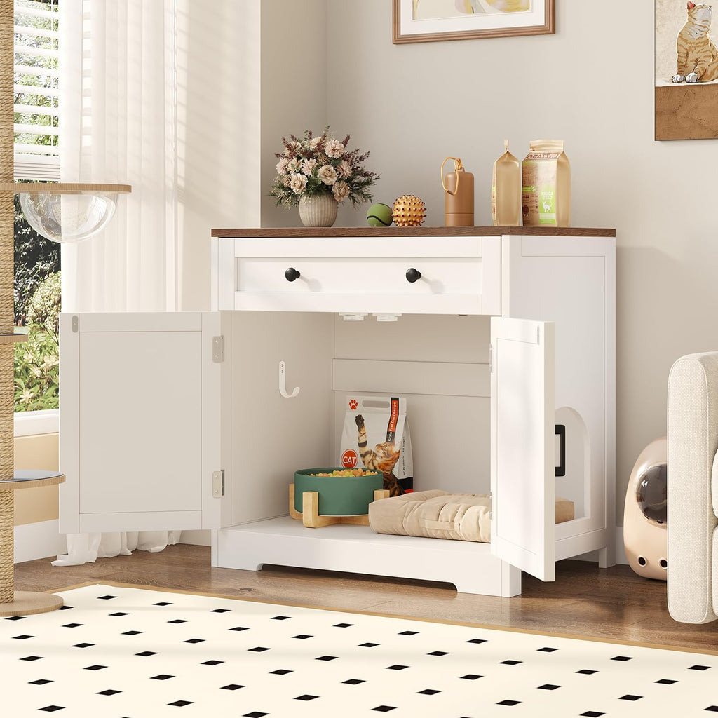 Cat Litter Box Enclosure with Storage Drawers, White