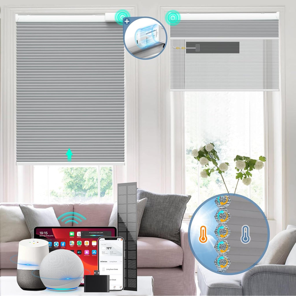 Motorized Cellular Shades with Remote Control,Grey, | 100%Blackout, Electric Smart Blinds with Cordless,Free Solar