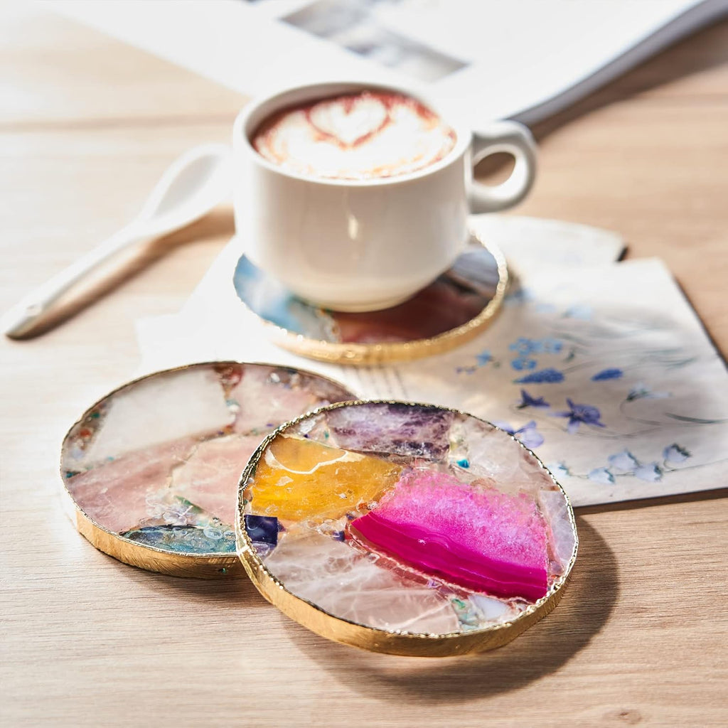 Rainbow Agate Coasters, Natural Crystal Coaster for Drinks, Geode Gemstone with Gold Edge, Agate Slice Stone - Set of 4
