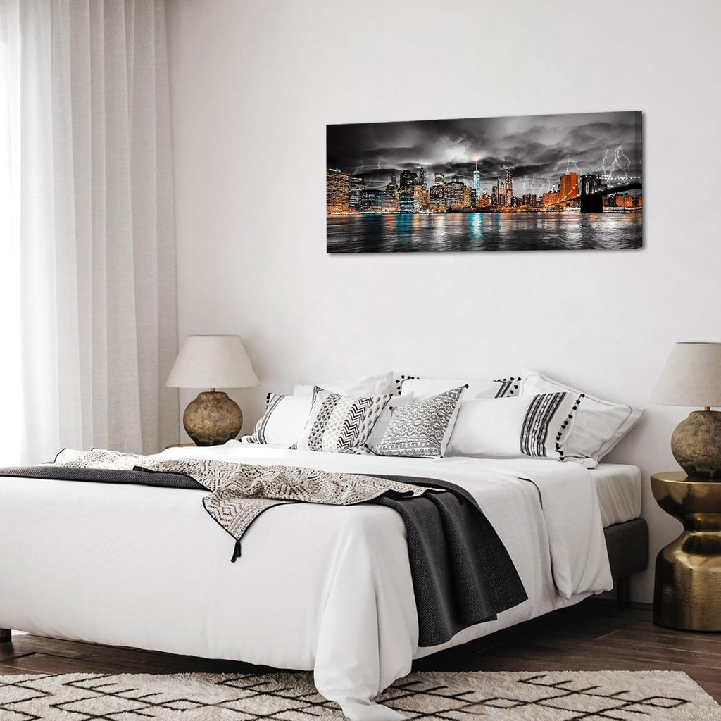 New York City Canvas Wall Art Manhattan Skyline Lightning Storm Cityscape Picture Prints Night Landscape Modern Large