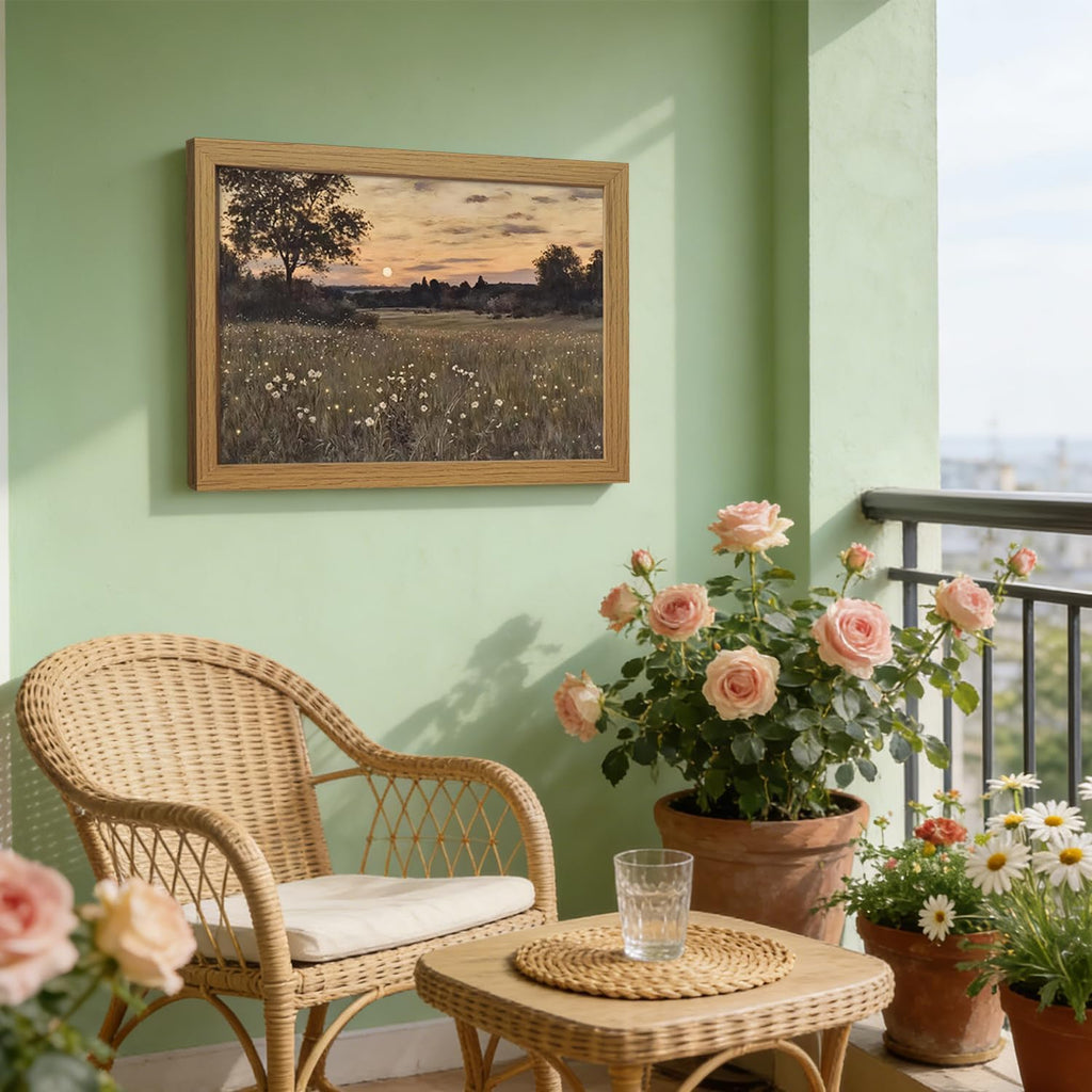 Vintage Framed Meadow Sunset Wall Art, Rustic Twilight Field Landscape Canvas Wall Decor Wildflowers Firefly Poster