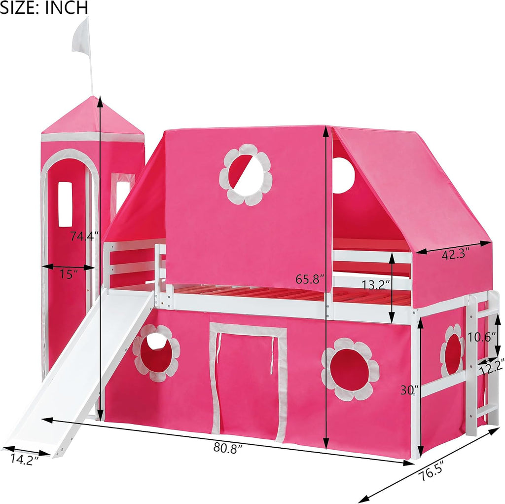Castle Loft Bed with Slide & Tent and Tower, Playhouse Design Spacious Under Bed Space with Curtains, Wood Tent Bed