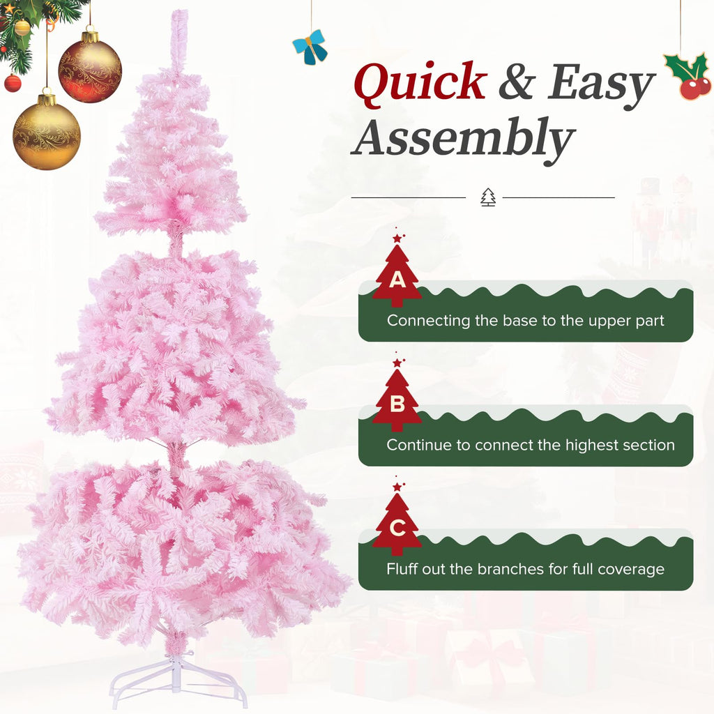 6ft Artificial Christmas Tree Unlit Pine Xmas Tree, Flocked Pink