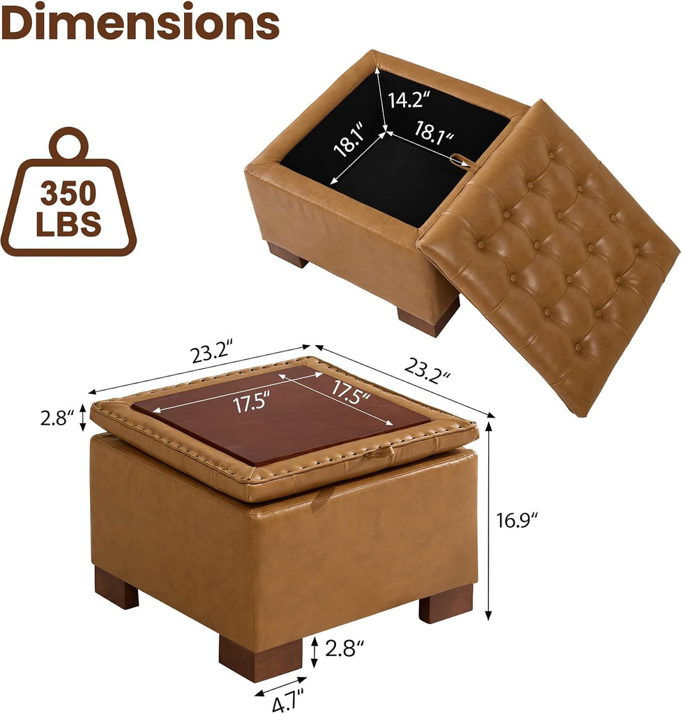 24 Inch Square Storage Ottoman Coffee Table, Modern Tufted Upholstered Ottoman with Flip Tray and Solid Wood Legs