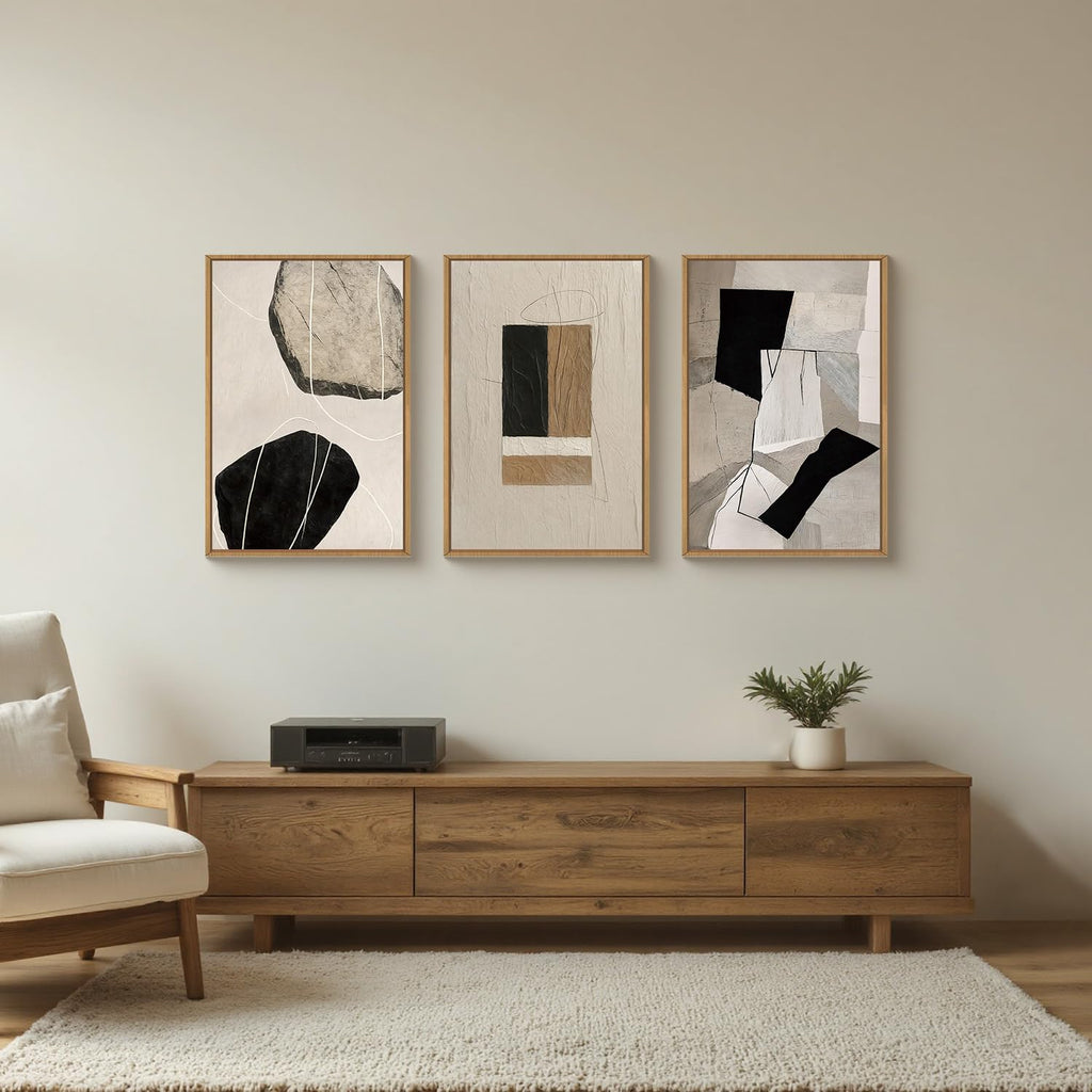 Large Neutral Abstract Wall Art Set of 3, Framed Modern Canvas Paintings, Beige Black White Prints Artwork, 24x36