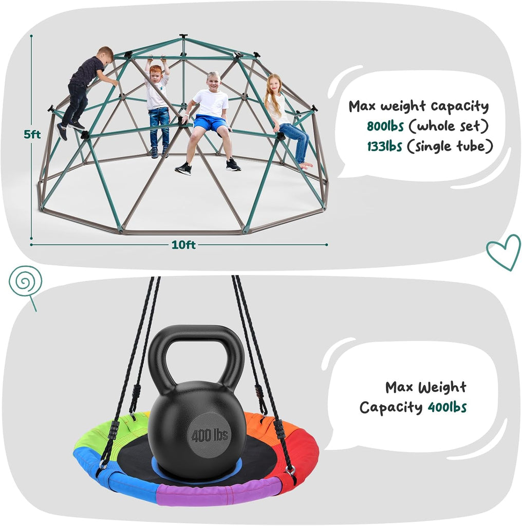 10 ft Climbing Dome Swing Set with Saucer Swing for Kids Outdoor | ASTM Certified Jungle Gym with 3D Assembly Video