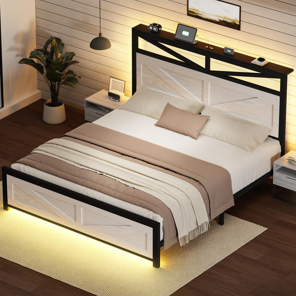 Rustic Bed Frame with Barn Door Headboard and Storage, Farmhouse LED Bed Frame with Charging Station