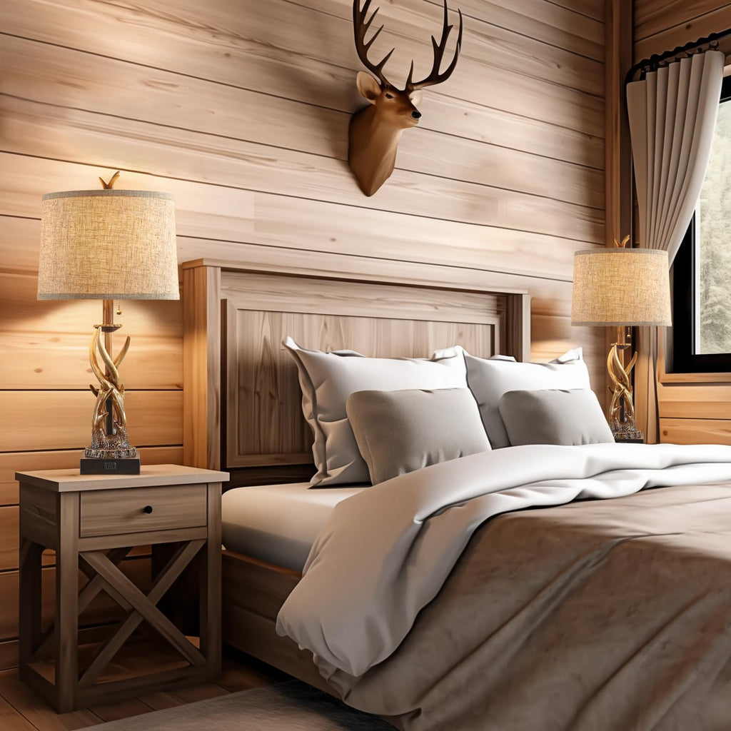 Rustic Deer Antler Table Lamps Set of 2 Farmhouse Bedside Lamps with USB A+C Ports End Table Hunting Themed Cabin