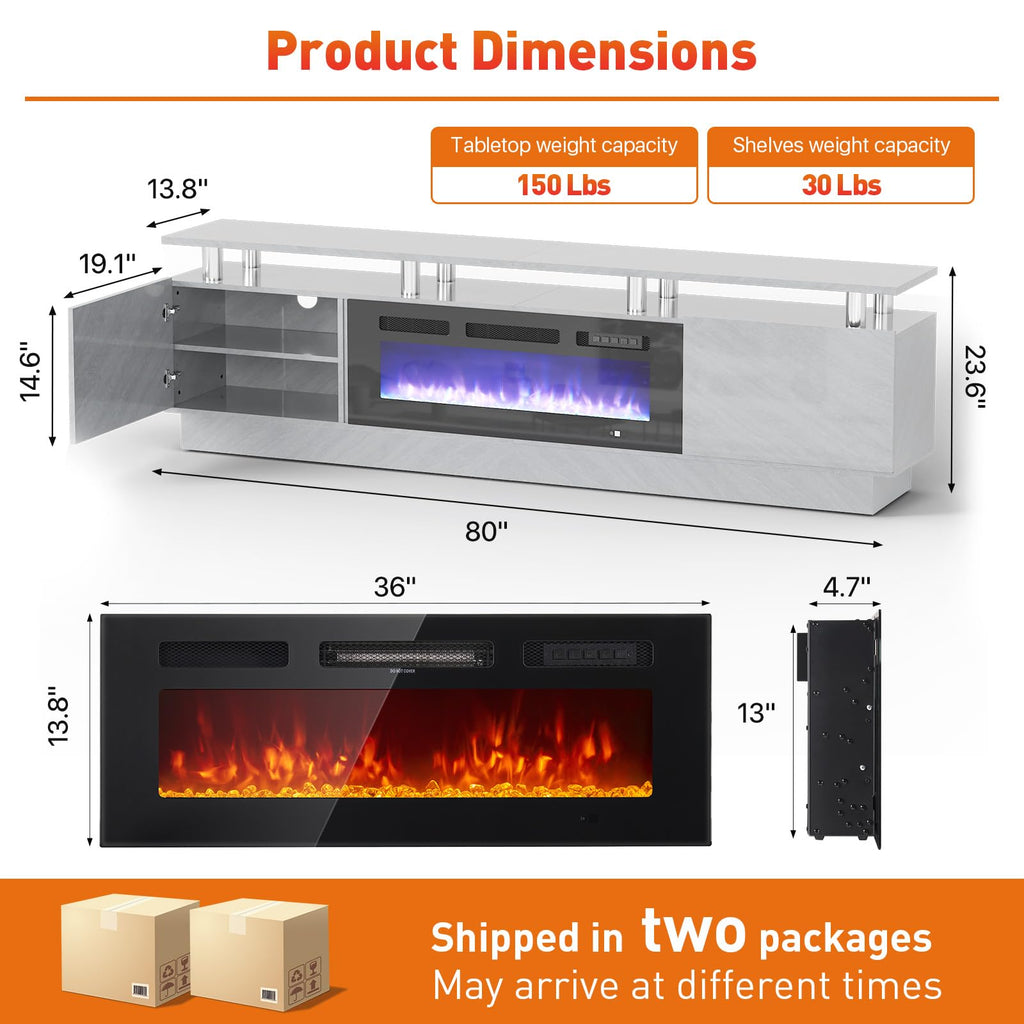 80", Modern Entertainment Center & 36 Inch Electric Fireplace with Remote Control, LED Light, Fire Place Tv Stand