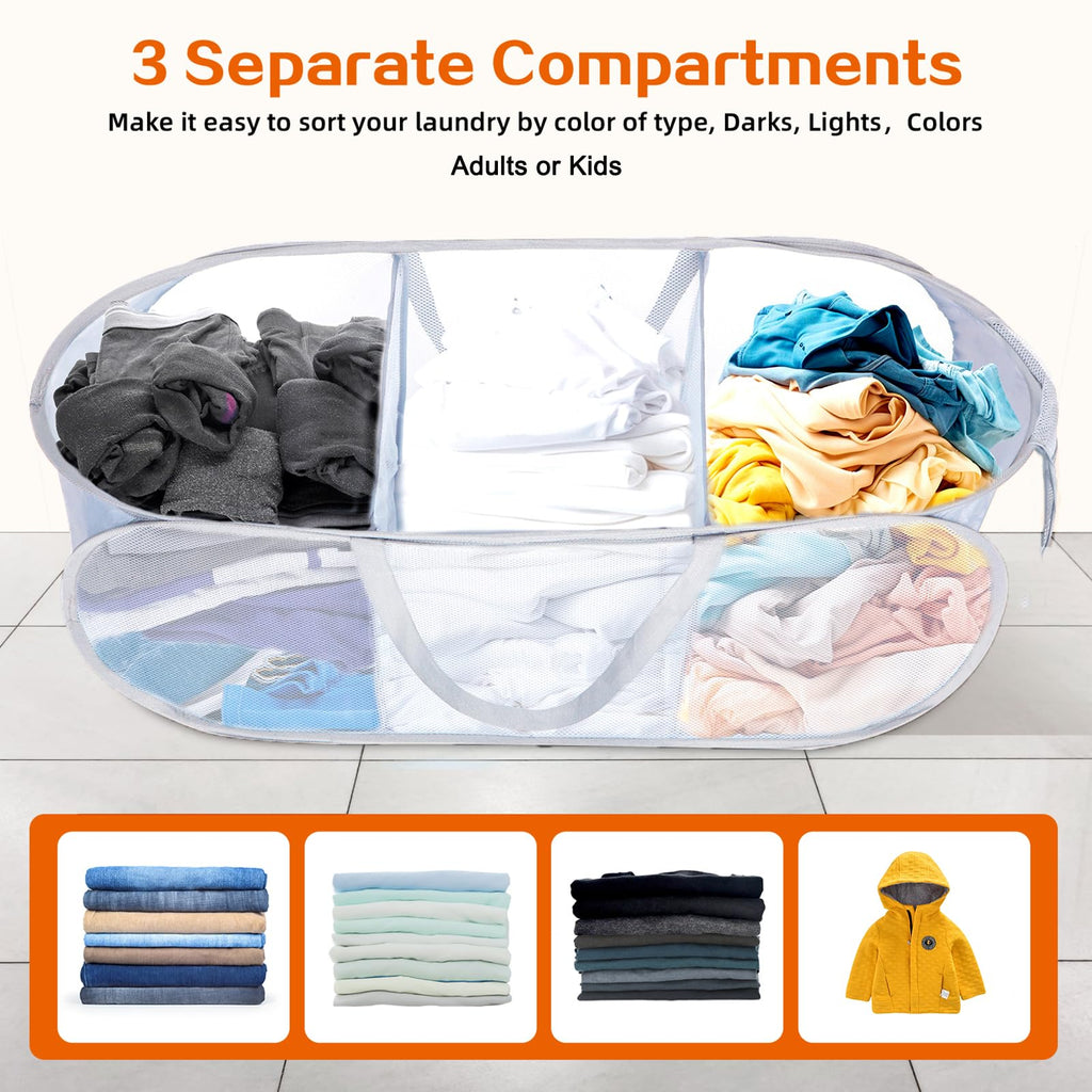 Durable Collapsible Foldable Mesh Pop Up Laundry Basket, 3 Compartments Easy to Carry & Sort Clothes Hampers, Travel