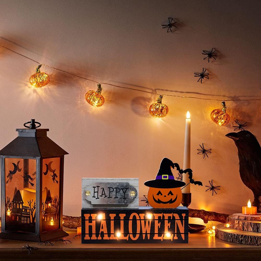 Halloween Decorations Indoor, 2-Layered Wood Block with LEDs & Pumpkin Face, Happy Halloween Sign Decorations