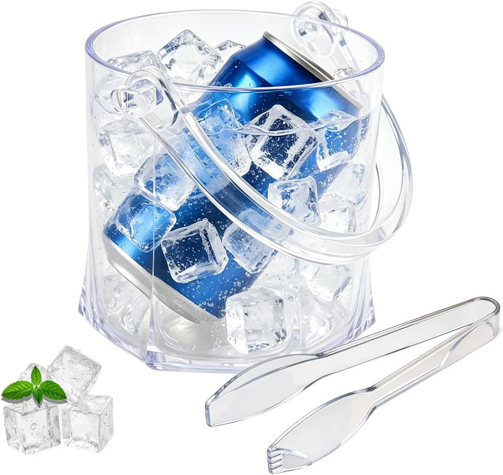 Crystal Ice Bucket with Handle & Tongs-1.1 L Plastic Clear Champagne Ice Buckets for Parties, Beer, Wine, Drinks - Set of 2
