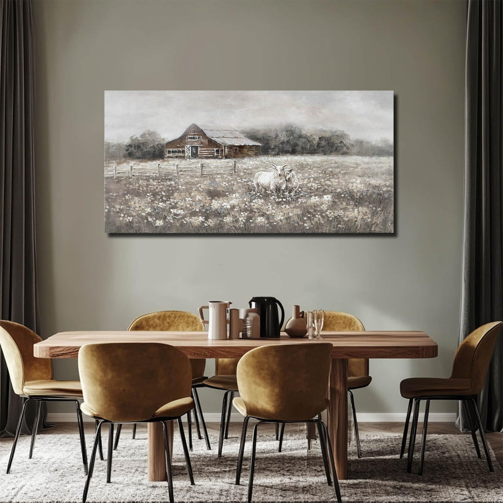 Large Country Barn Canvas Wall Art, Sheep Meadow Landscape Artwork, Rustic Farmhouse Wall Decor Dining Room, Above