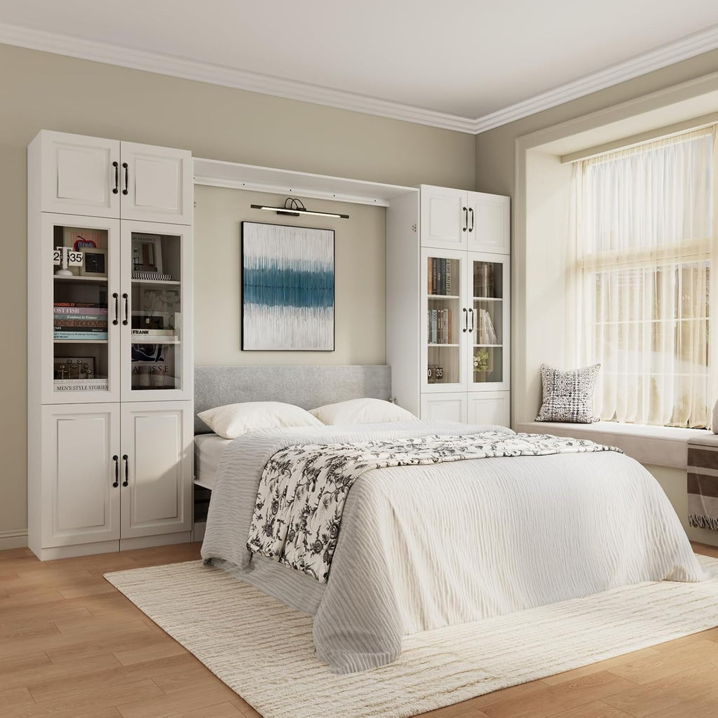 Farmhouse Murphy Bed Queen, 85" Wall Bed Folds to Save Space, Concealed Bed Frame with 2 Glass Storage Cabinets and
