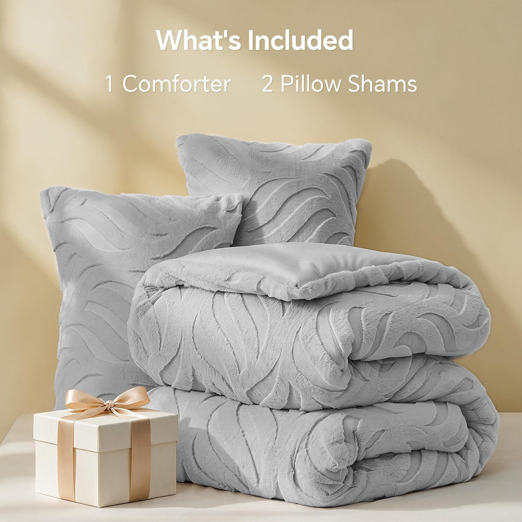 Fluffy Faux Fur Comforter Set, Fuzzy Bedding Set, Light Grey