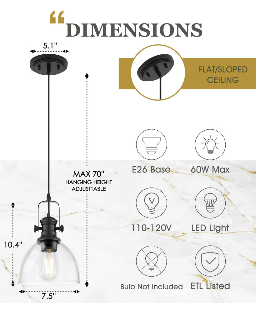 7.5" Matte Black Pendant Lights Kitchen Island, Clear Glass Shade