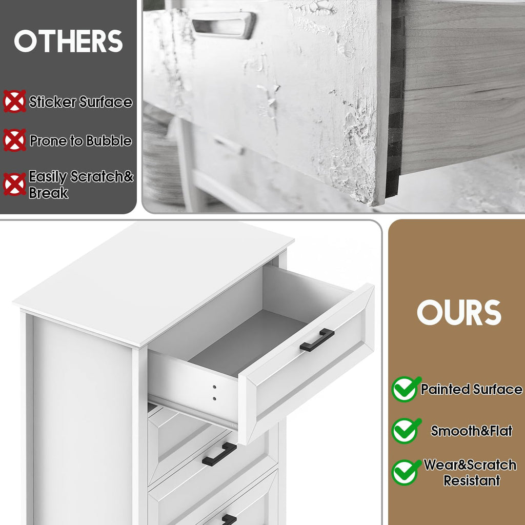 White Dresser with 5 Drawers, Vertical Storage, Wood Tall Dresser, Wooden Tall Chest of Drawers, Lingerie Chest