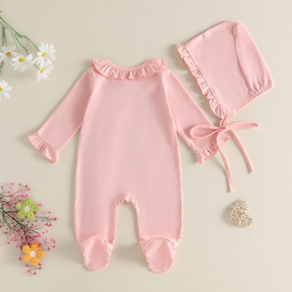 Newborn Girl Clothes Coming Home Outfit Jumpsuit (ruffle romper Hat Pink, Newborn)