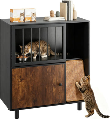 Dog Proof Cat Feeding Station with Storage Cabinet, 2 Raised Stainless Steel Bowls, Elevated Cat Feeding Station
