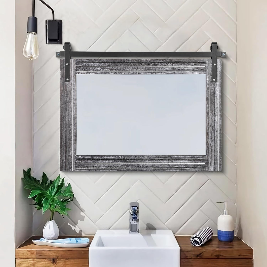 Rustic Wall Mirror with Wood Framed Barn Door Mirror Rectangular Bathroom Mirror 18"x26" Bedroom Living Room Entrance