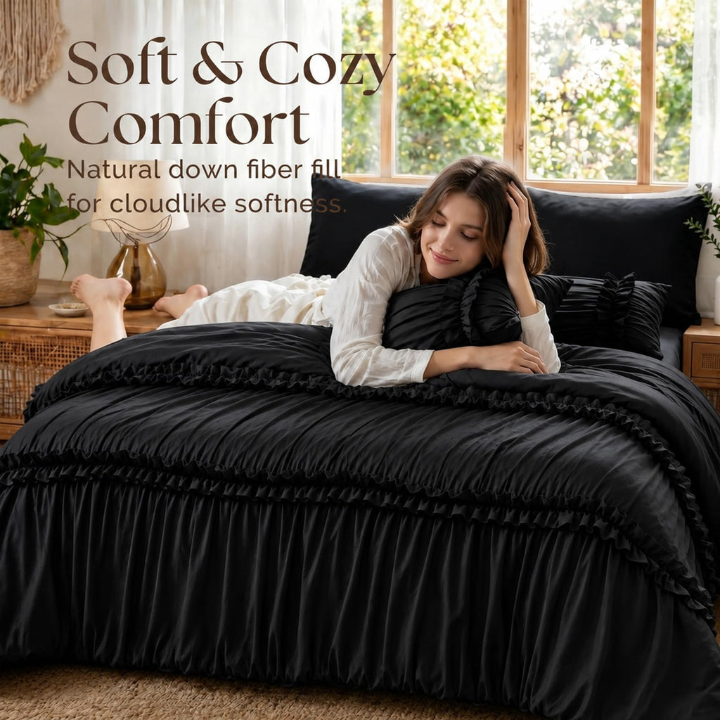 Ruffle Comforter Set, Ruched Bed in a Bag, 7-Piece, Black