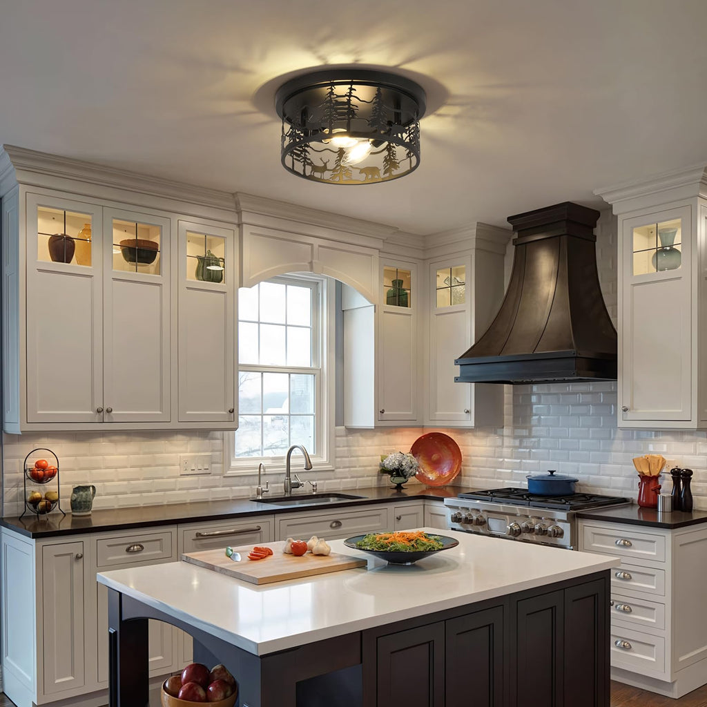 Rustic Farmhouse Flush Mount Ceiling Light, Black Bear Light