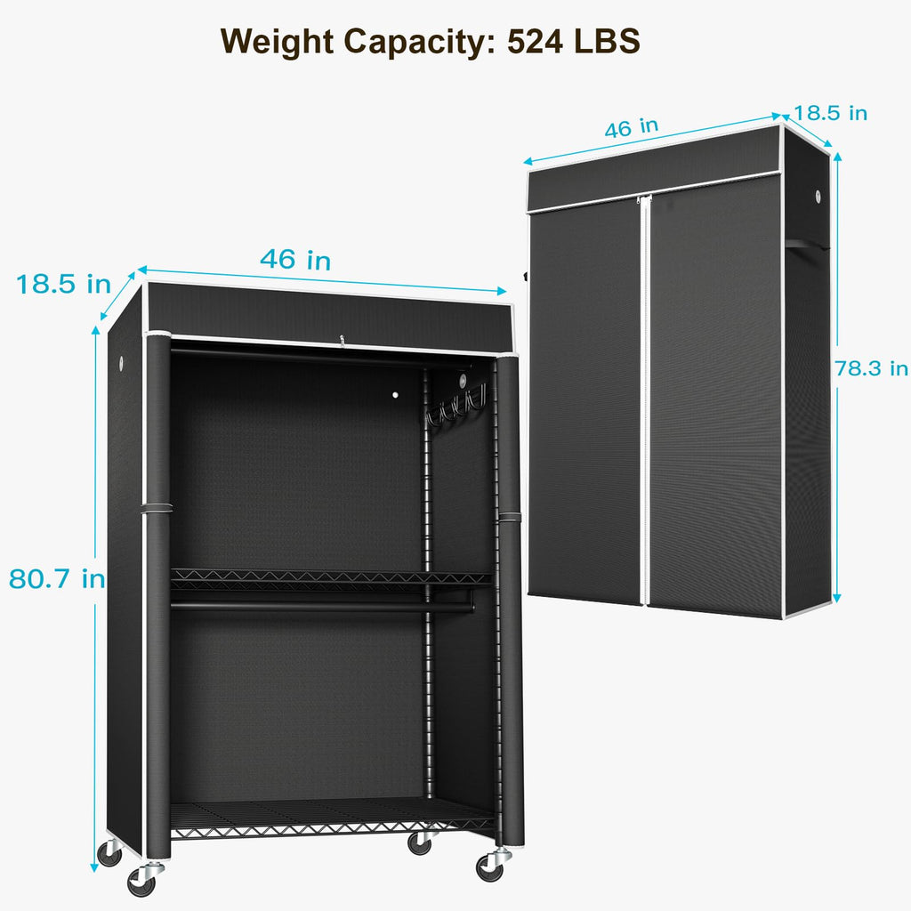 Black Clothing Rack with Black Cover, P1C Plus Rolling Closet