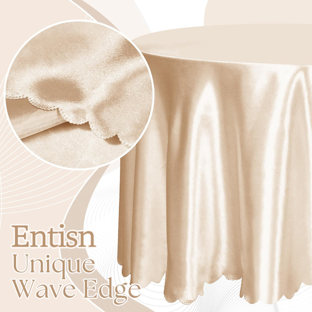 2 Pack 120 Inch Round Satin Tablecloth, Champagne, for 8-12 Seats